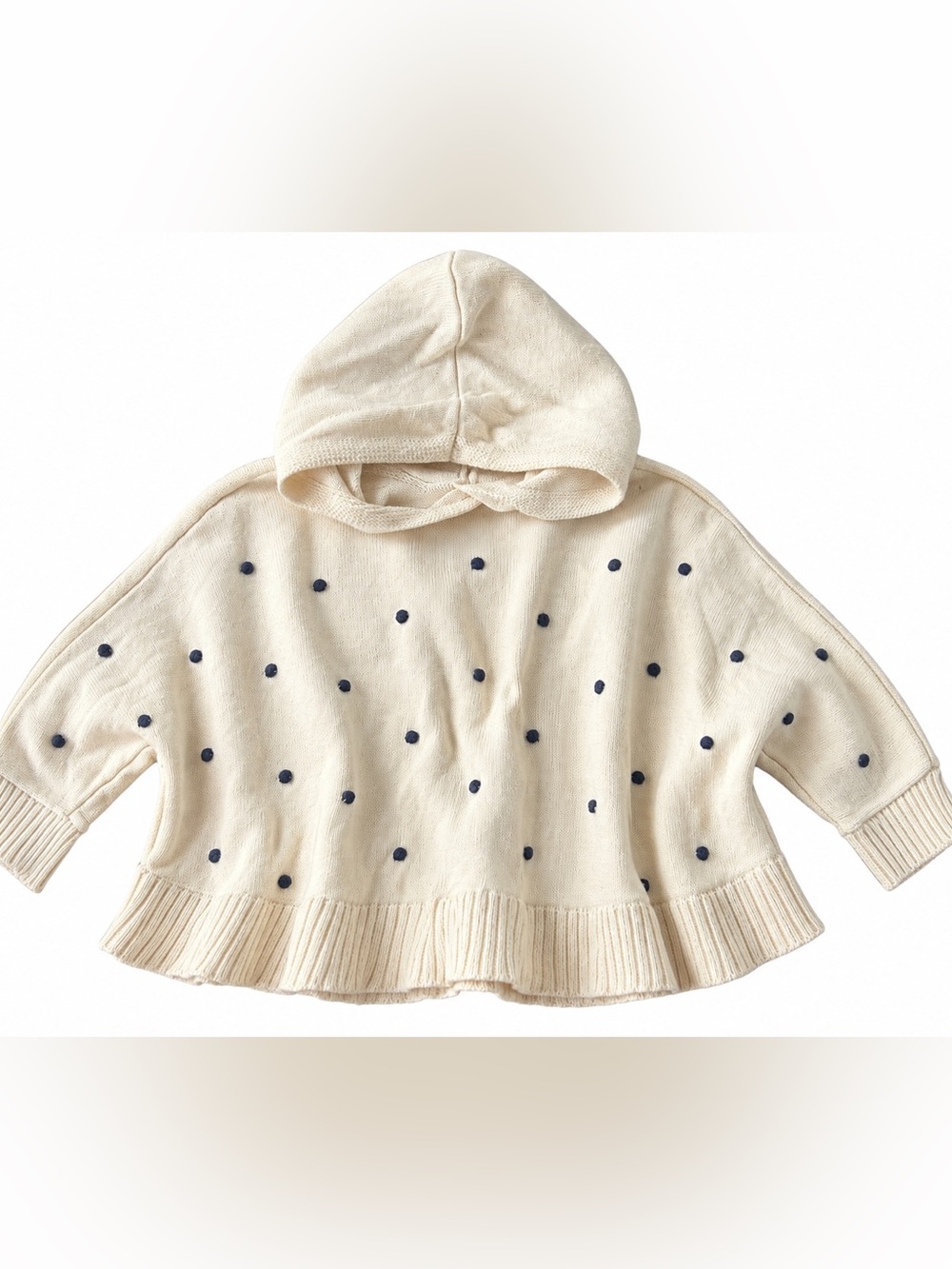 Baby Gap 4T Cream Navy Pom Pom Hooded Poncho Sweater 100% Cotton